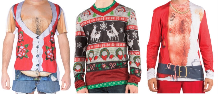 Hilarious holiday T-shirts mimic awful Christmas sweaters with pot belly, chest hair