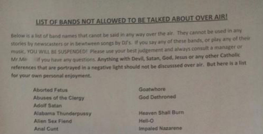 HELL-O: List of banned band names from Christian radio station