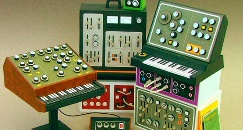 Teeny-tiny models of early synthesizers and analog recording equipment