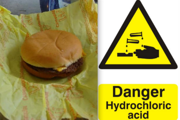 Watch a cheeseburger dissolve in hydrochloric acid