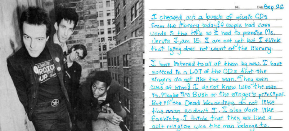 5th grade girl discovers Dead Kennedys CD at school library; writes diary entry about it