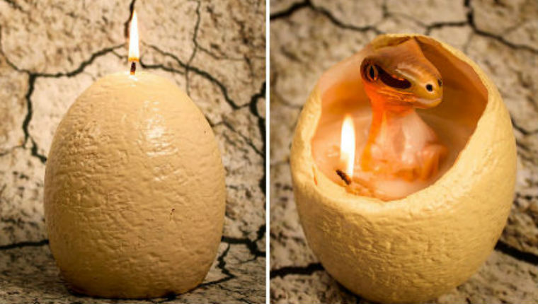 Dinosaur egg candle ‘hatches’ baby Velociraptor as it melts