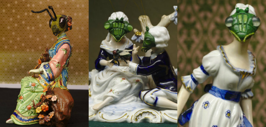 Tchotchke porcelain figurines altered with insect heads