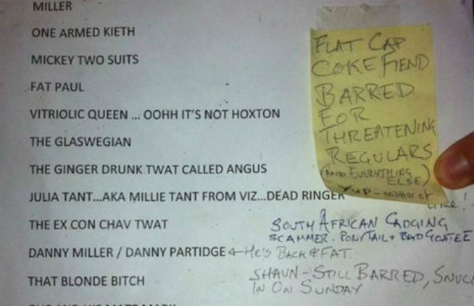 List of people barred from South London pub is a thing of beauty