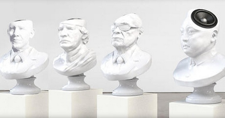 Bizarre, expensive porcelain stereo speakers in the form of political dictators