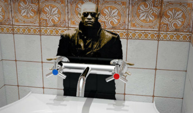 Morpheus from ‘The Matrix’ offers you the red pill or the blue pill at bathroom sink